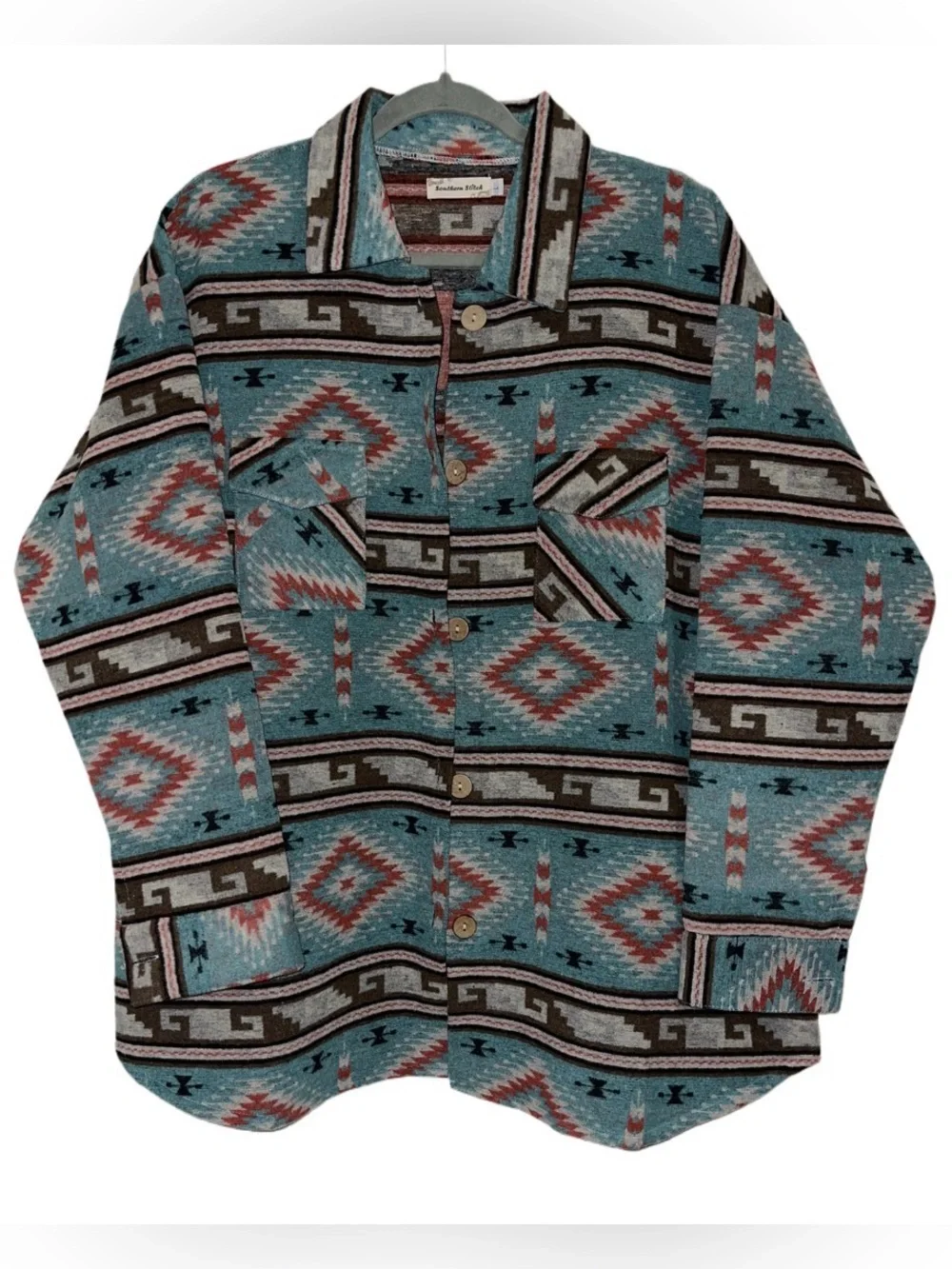 Southwest Pattern Teal Button-Up Sweater Jacket - Picture 1 of 4